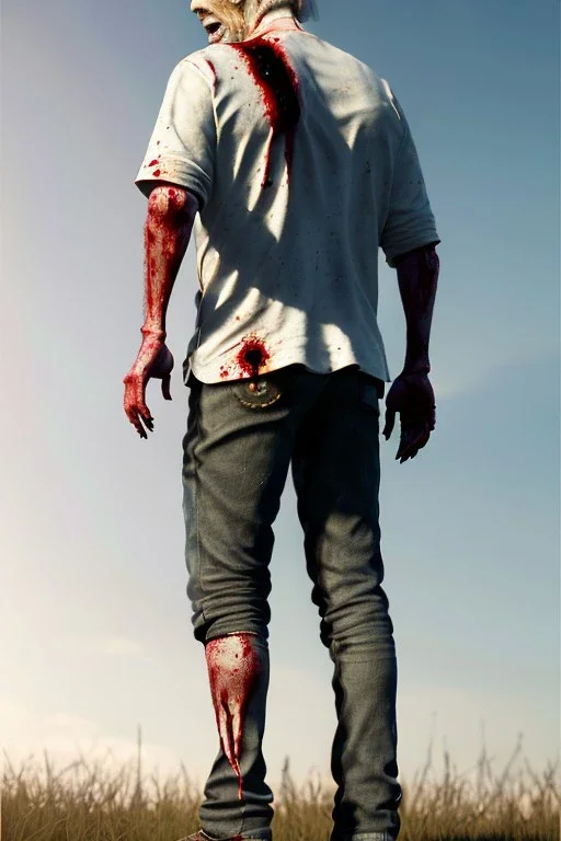 realistic image, joe biden zombie, arm cut and bleeding, amputated leg, night, walking with a limp, waist up view, dark ambient, highly detailed, sky background, concept art, unreal engine 5, god rays, ray tracing, RTX, lumen lighting, ultra detail, volumetric lighting, 3d, finely drawn, high definition, high resolution.