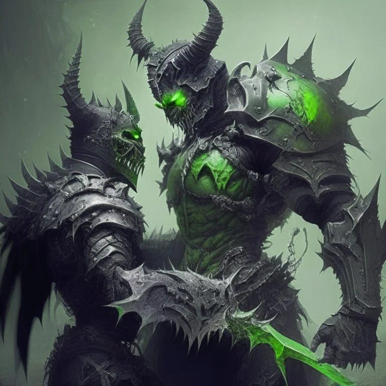 demonio de armadura negra y verde sujetando a un hombre en combate