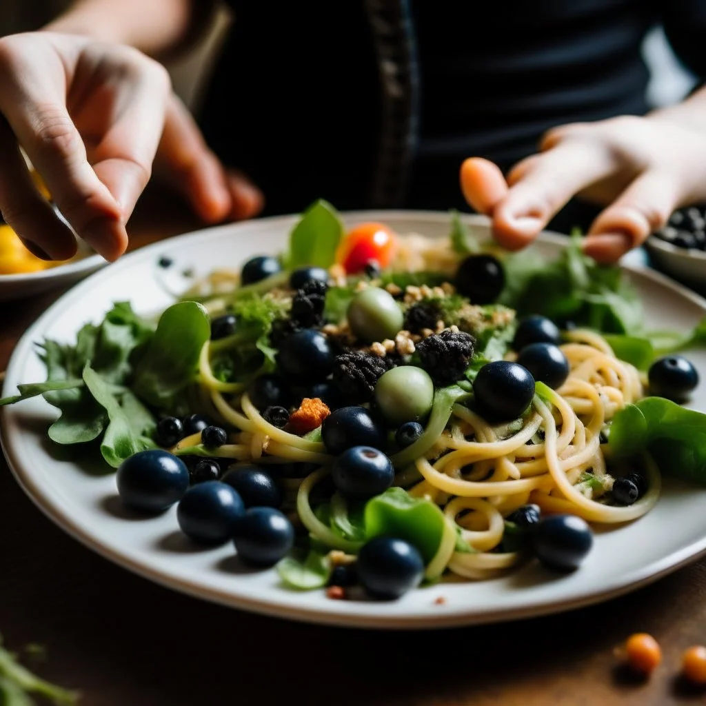 A plate of salad and pasta, with hands placing black olives on top of them