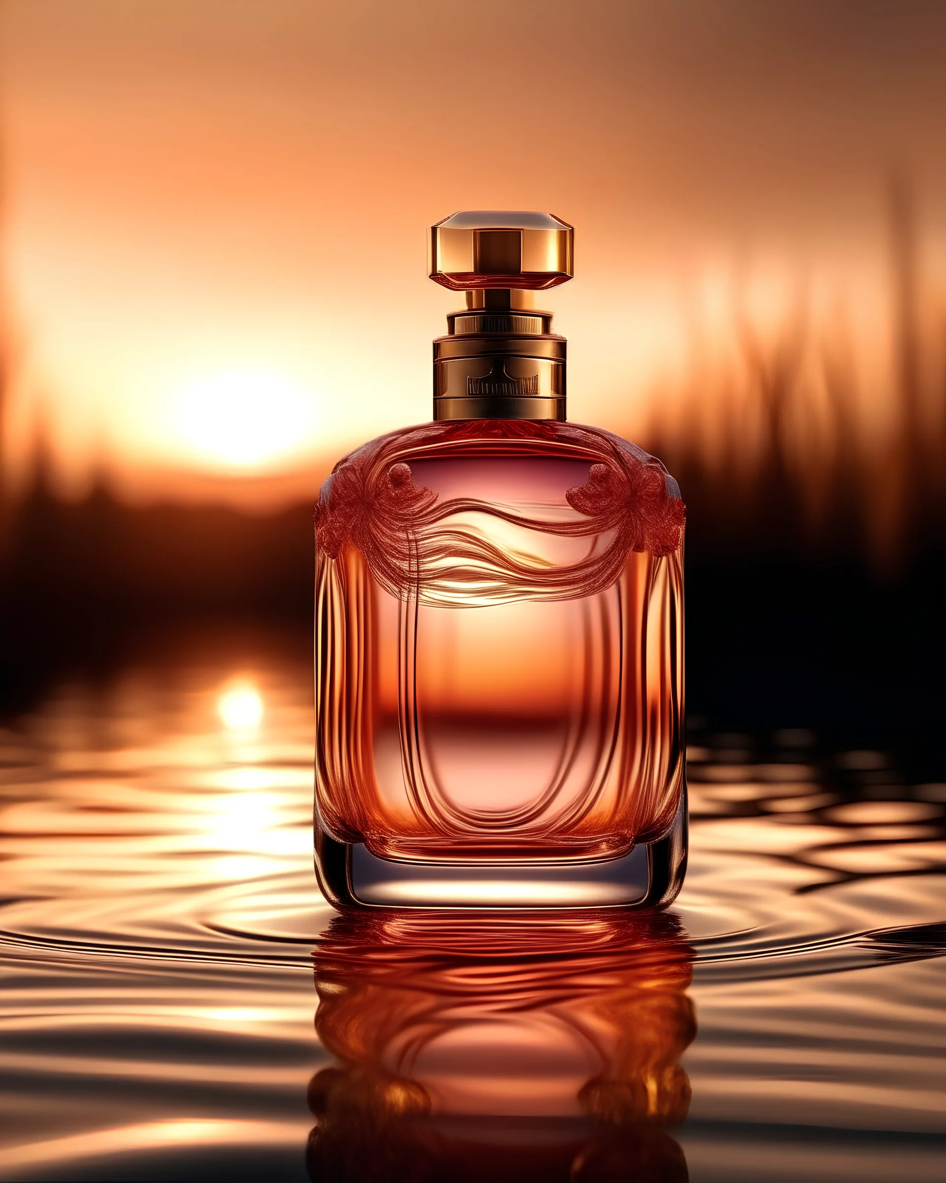 Generate me an aesthetic image of stylish perfume bottle with plash of water in sunset