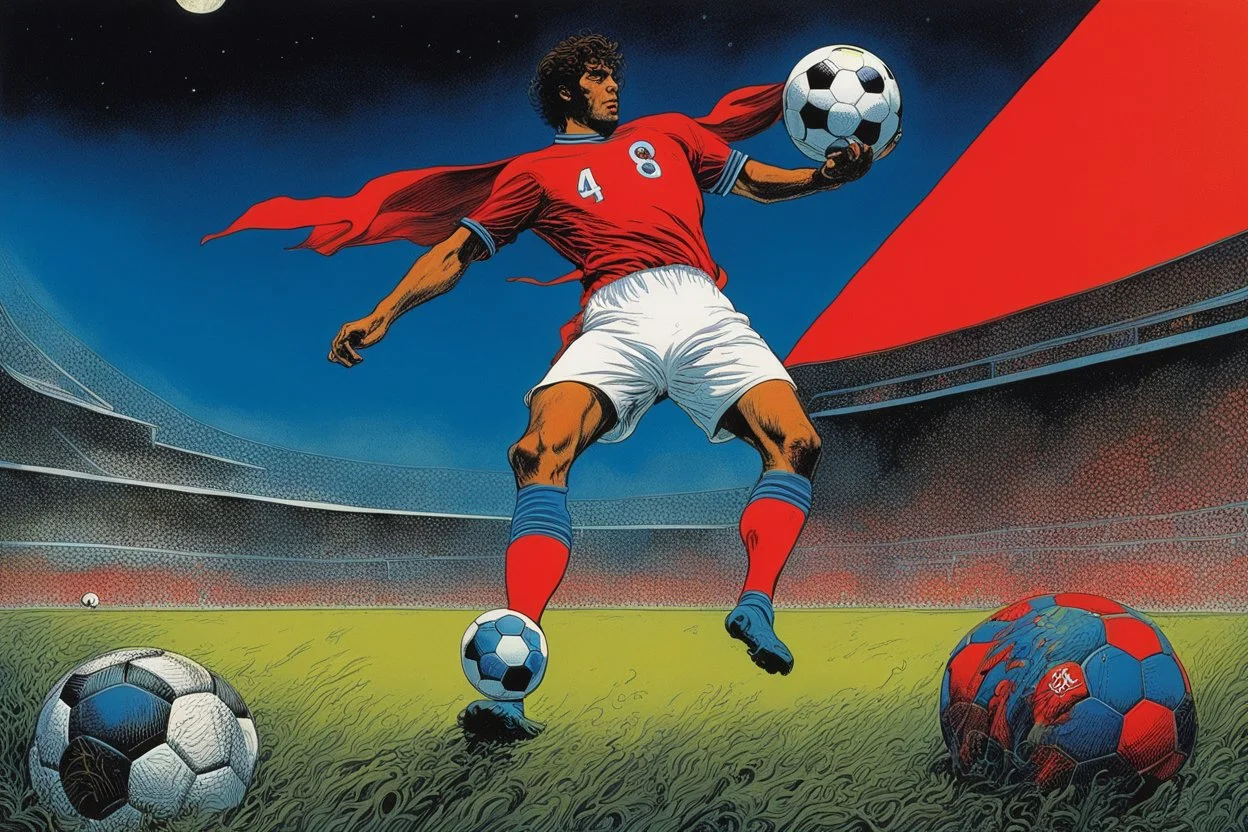 the soccer player of the Red Redemption: (art by Philippe Druillet's Délirius, 1973, written by Jacques Lob) dynamic player surreal ethereal football mondial