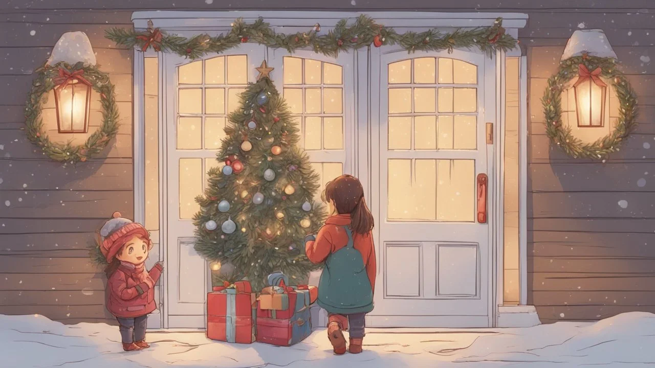 "I'm envisioning a heartwarming scene featuring three best friends gathered by the door during the Christmas season. The entrance of a cozy home is adorned with festive decorations, including Christmas lights framing the door and a wreath with colorful ornaments. The three friends, dressed in stylish winter clothing, share laughter and joy as they prepare to celebrate together. One of the friends holds a six-pack of beer, adding a touch of festive cheer. The expressions on their faces reflect th