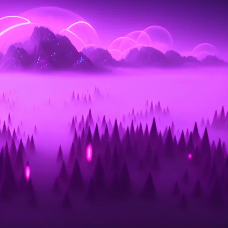 ALIENS FLOATING in the fog, FOGGY NIGHT, mountains, GLOWING, PURPLE, orange, pink, stars, TOWERS, 4K, 8K, CINEMATIC