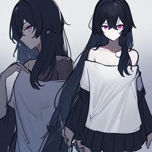 Clear focus, High resolution, rough line sketch art, long black hair, hair between eyes, fluffy hair, purple eyes, wearing a off shoulder shirt, no spaghetti strapes, dark aura, 1girl, wearing a skirt, under the shirt with a black sleeveless shirt