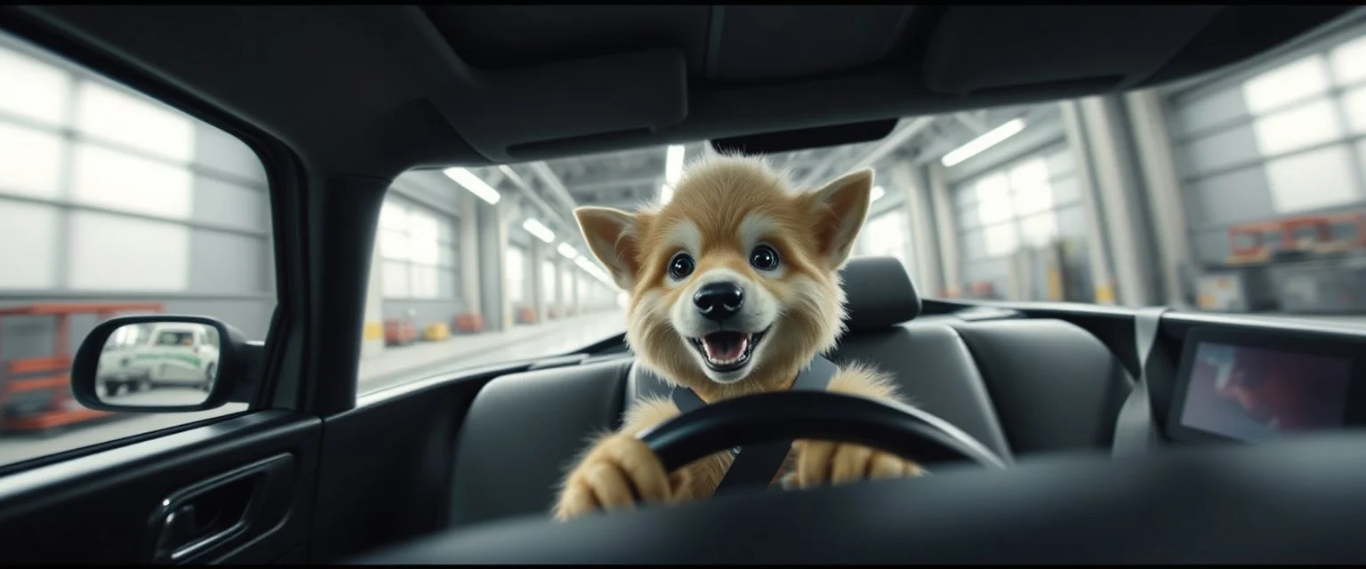 car driving happy 2d rambo fluffy elf dog in the style of Escher and Giger and Fallout 4, pinhole cam, airbrush 3d rendering, on tv screen:A five-second cinematic single take in a clean industrial presentation hall.