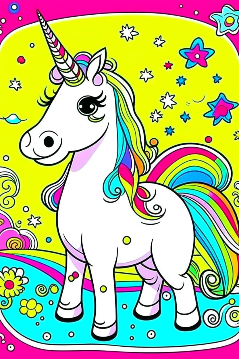 kids illustration, an unicorn image, cartoon style, thick line, low details, vivid color