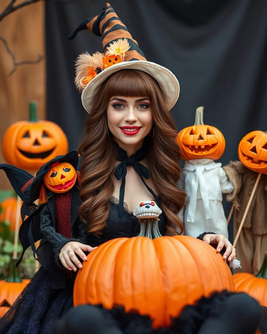 Portrait beautiful woman brown hair in unique custom fashion witch style Happy Halloween,sitting biggest pumpkin Halloween ,sorrounded by puppets Halloween