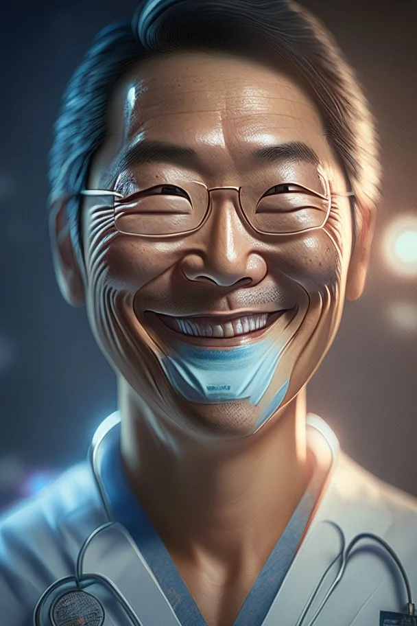 asian surgeon portrait smiling, scalpel pose, hyper-realistic, Meticulously intricate perfectly symmetrical extremely detailed, portrait, pixiv daily ranking, pixiv, extreme depth of field, artstation, spectacular details, volumetric lighting, masterpiece, cinematic, Hollywood production, 8k resolution, high definition, max octane render, vivid colors, max resolution, unreal engine , max perfectionism