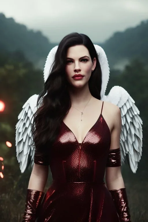 Liv Tyler has angel wings and lucifer series She has beautiful eyes. Her hair flies in the air., closed eyes, rtx, reflection, 8k, glow, winning photography, caustics