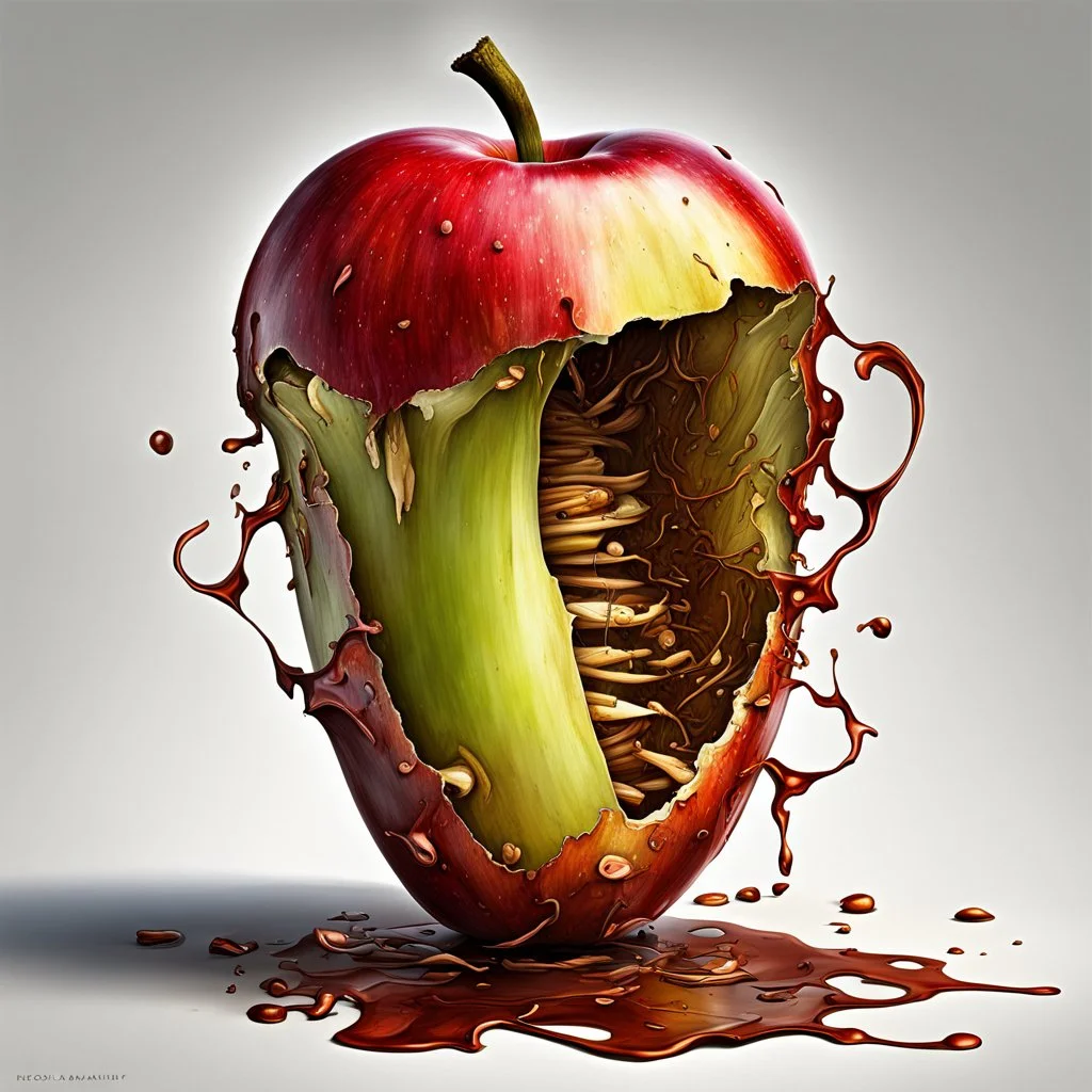 half eaten apple, apple core is metallic mechanics, neo surrealism, high concept art, beautiful smooth art, by nicola Samuri