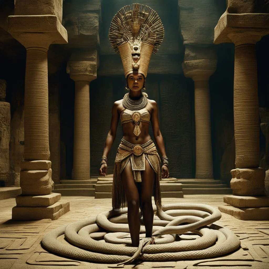[high res photo 8K by Ray Harryhausen for Pan's Labyrinth (2006)] In the heart of a pyramid, afro Nefertiti is clad in a revealing bandages, her flesh is warm and radiates magic energy, with her feet on the cold tiles of the temple, the braids of her hair end in snakes