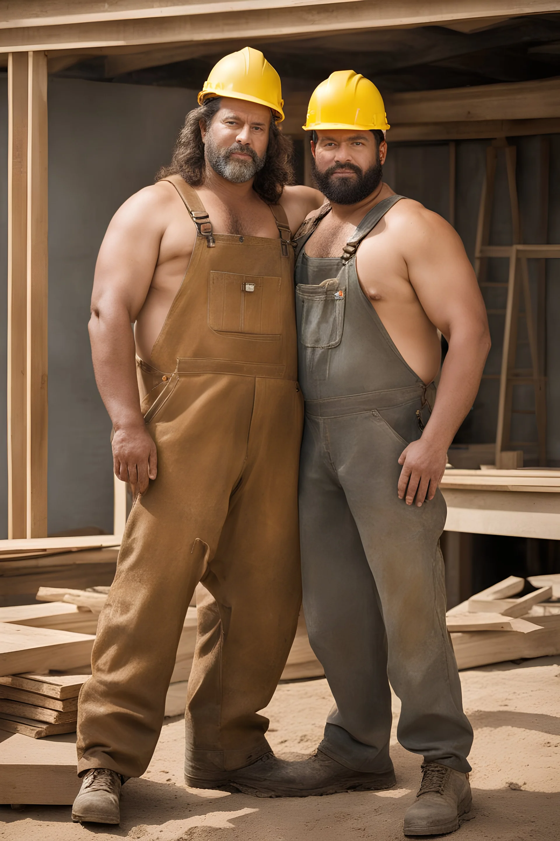 half figure shot photography of TWO ugly 39 year old stocky big chubby robust burly marocan carpenters close embraced, dirty, kiss, wearing overalls, shirtless, manly chest, serious, very virile, short beard, long hair , in a sunny construction work area, photorealistic , photorealistic