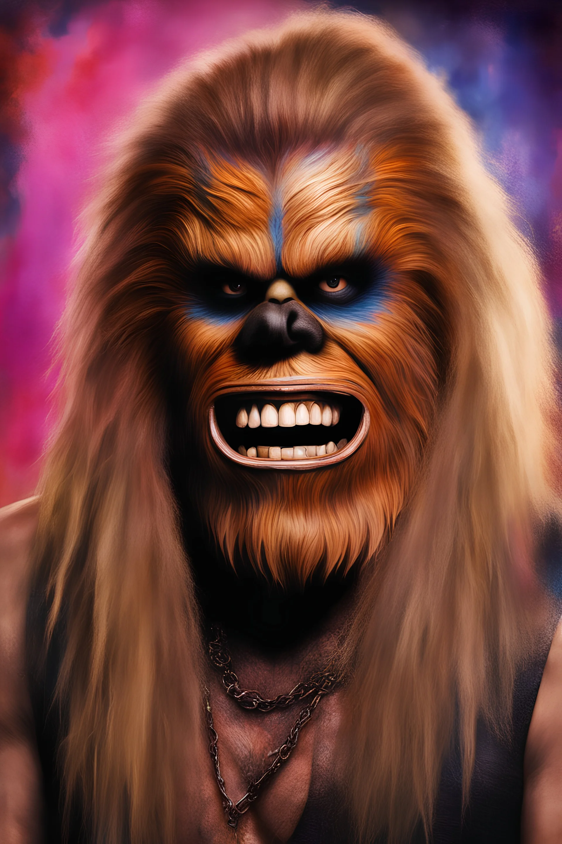 text "MOTLEY CRUE", head and shoulders portrait, Motley Crue Chewbacca - well-shaped, perfect figure, perfect face, laughing, a multicolored, watercolor stained, wall in the background, professional quality digital photograph, 4k, 8k, 32k UHD, Hyper realistic, extremely colorful, vibrant, photorealistic, realistic, sharp, highly detailed, professional quality, beautiful, awesome, majestic, superb, trending on artstation, pleasing, lovely, Cinematic, gorgeous, Real, Life like, Highly detailed