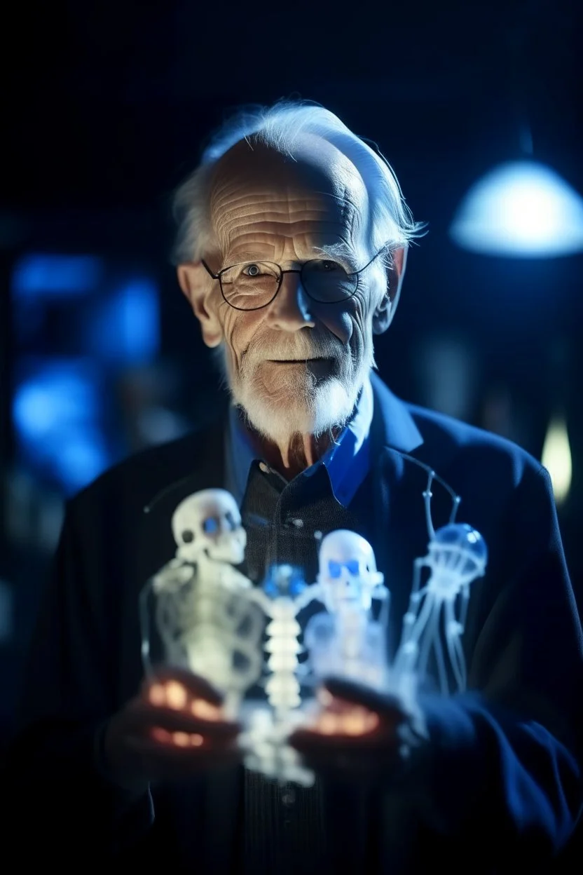 portrait of flashy transparent old man scientist showing of his glowing skeleton, zeiss prime lens, bokeh like f/0.8, tilt-shift lens 8k, high detail, smooth render, down-light, unreal engine, prize winning