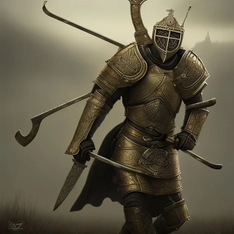 a Midieval knight in metallic gold and grey battle armor, attacking and holding a hockey stick, a highly detailed illustration, background of Celtic castle, realistic render, in style of tomasz alen kopera,