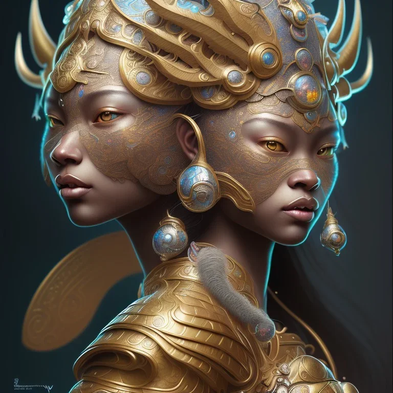 Sango fantasy, fantasy magic, intricate, sharp focus, illustration, highly detailed, digital painting, concept art, matte, art germ and Paul Lewin and Kehinde Wiley, masterpiece Indonesian lady head bronze tiger Asian African girl nice breast Hawaiian hair turquoise silver waves