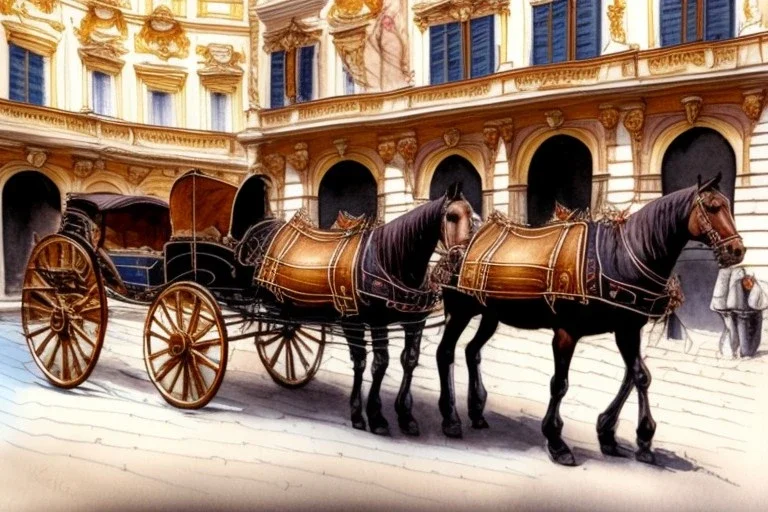 A fiacre landauer carriage with two lightbrown horses is standing in front of the Hofburg, Vienna. Aquarell