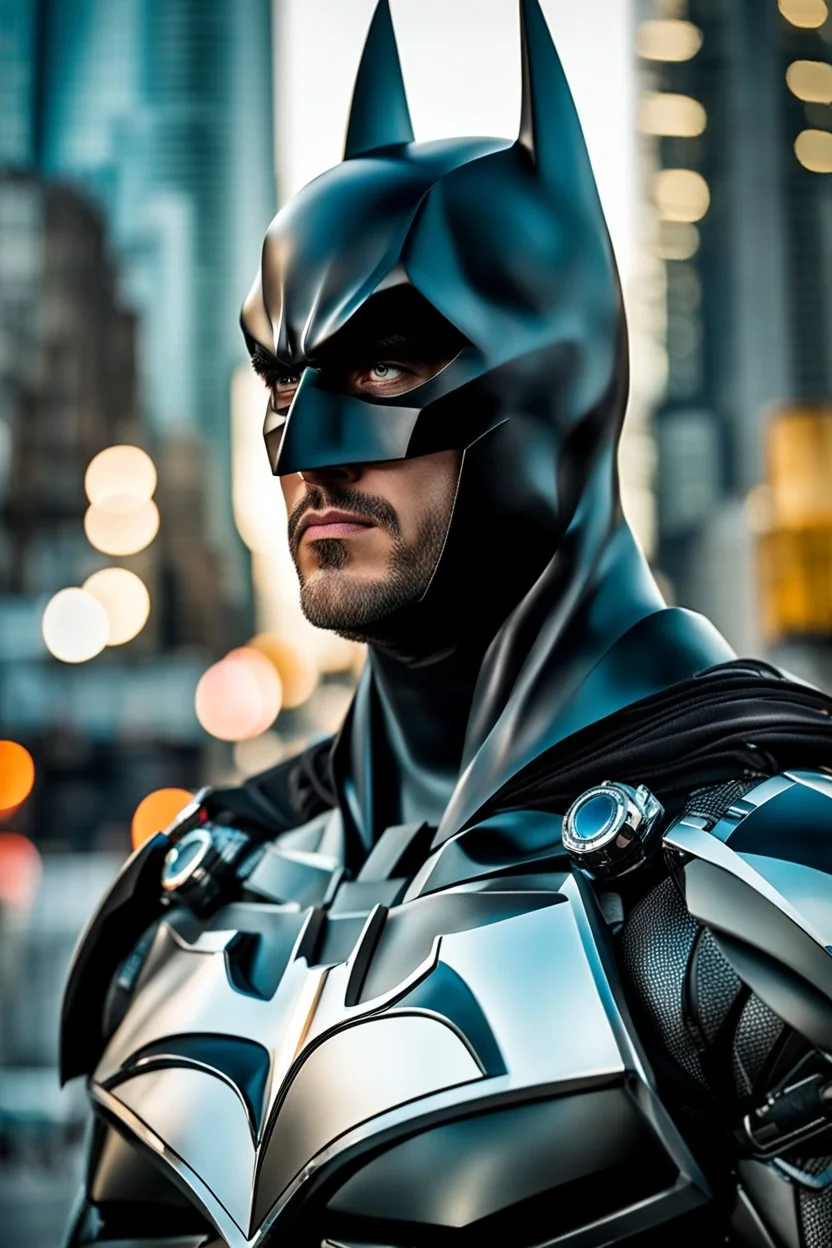 Excited Photography A picture cyber mechines Batman,with surface coated chrome polished details, city background