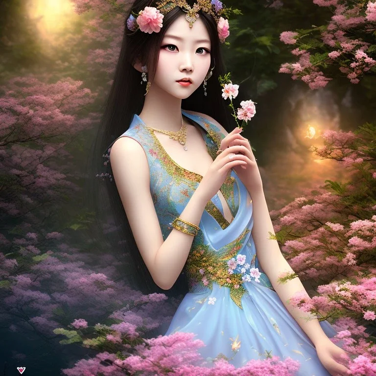 japanese fairy, beautiful portrait, flowery landscape