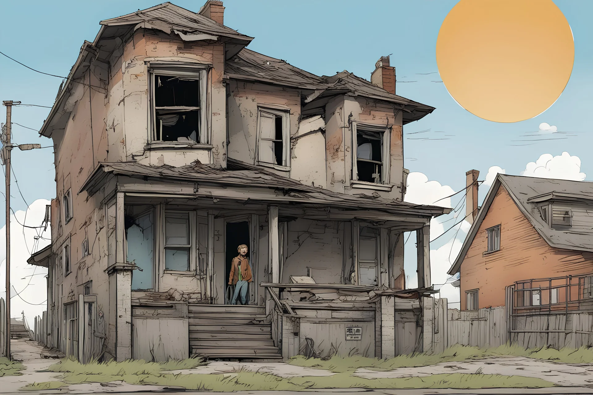 House, dilapidated, post-apocalypse, front view, street, comic book, cartoon