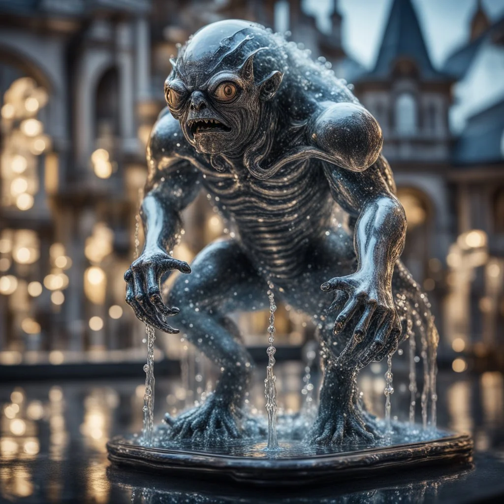 giger escher ogre araknid sculpture in transparent murano glass beeing sprinkled by fountain,bokeh like f/0.8, tilt-shift lens 8k, high detail, smooth render, down-light, unreal engine,bokeh like f/0.8, tilt-shift lens 8k, high detail, smooth render, down-light, unreal engine