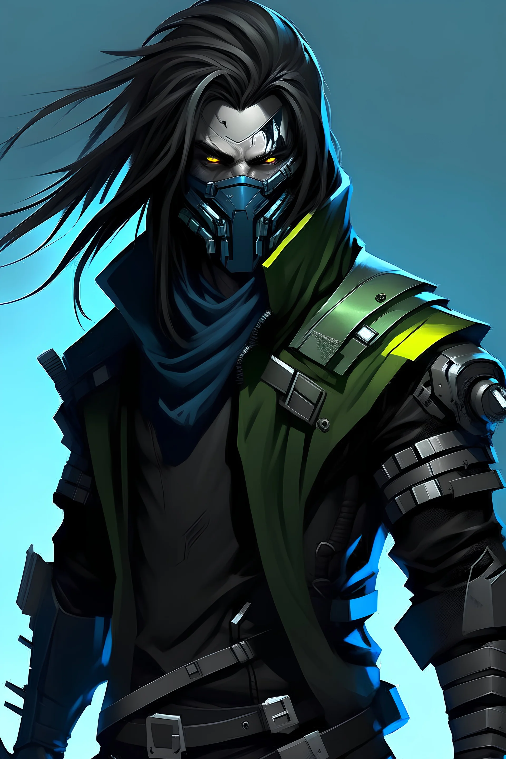 male cyberpunk, long messy hair, futuristic assassin, mask over his mouth, outfit has blue as a secondary color and green as a tertiary color. Yellow eyes