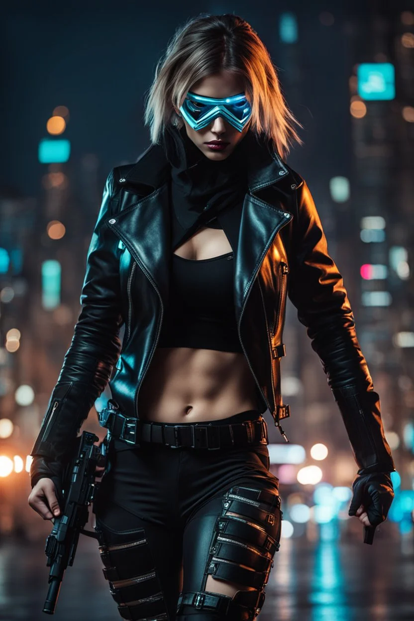 Half-cyborg female cyberpunk assassin wearing half a metal mask, black jacket,walk in night city background