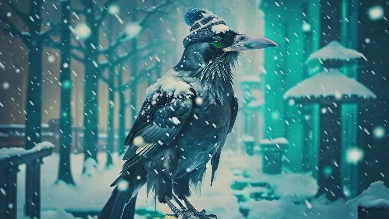 Capture a compelling image of a crow wearing a punk leather jacket within a snowy Christmas atmosphere. Embrace a minimalist collage style. Ensure the composition highlights the crow's distinct presence against the backdrop of a winter Christmas ambiance, creating a visually minimalist scene.