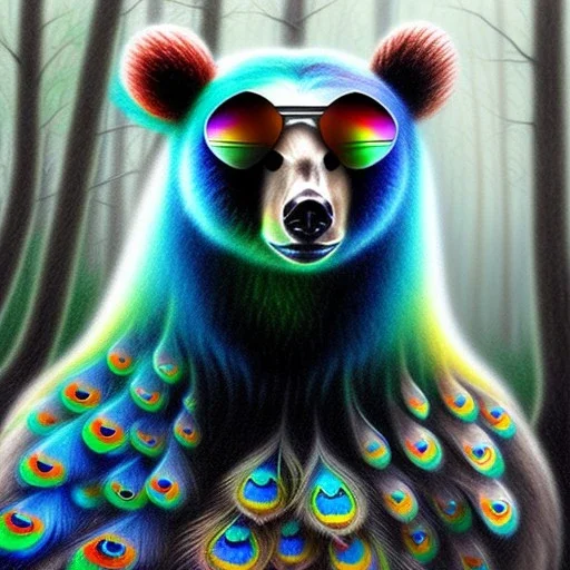 bear peacock with sunglasses, fine pencil, spray paint, chalk, blurred forest background, mist, sunrays