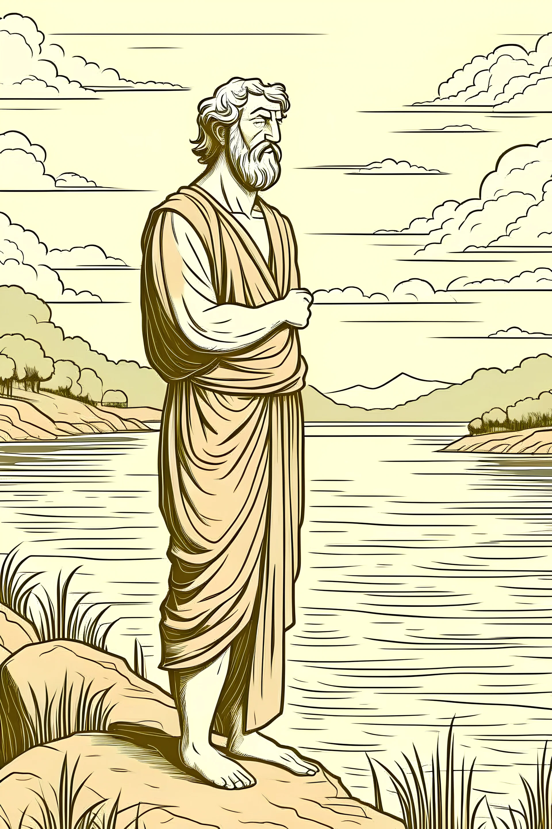 A greek philosopher standing next to a river thinking about the world