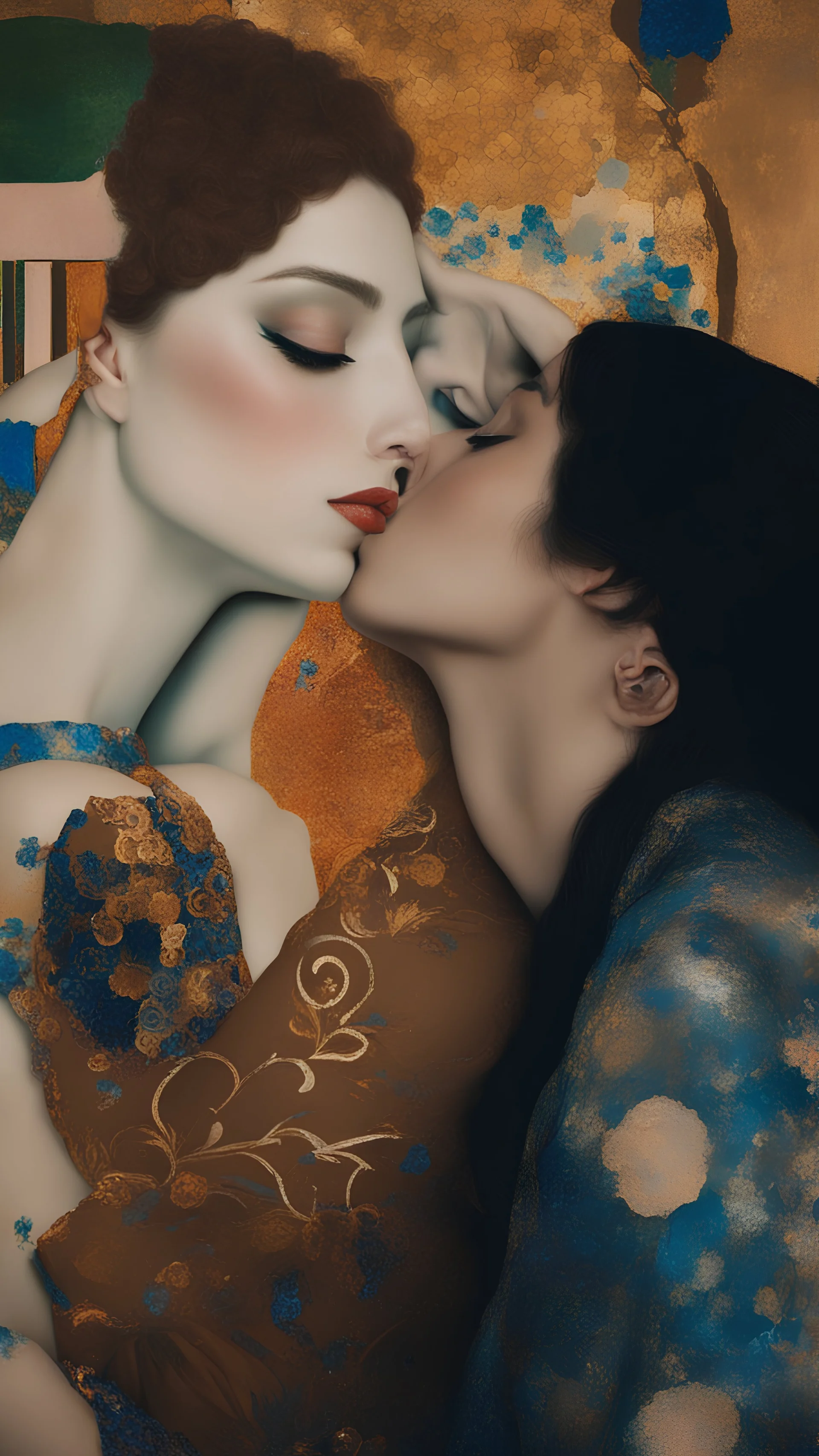 Masterpiece, fine art, award winning, "like Gustav Klimt : the Kiss in a chair" 2 w, RAW photo, eye candy in the style of (petra collins::Robin Eley:1.5), (Suhaila Ben Lachhab::Heidi Moussa:1.5) in breathtaking cinematic shot (full body shot, from below angle) that emphasizes the stunning cheek bones, texturized black hair,(big detailed eyes:1.5) (cottagecore aesthetic:5) with extreme sensuality, Irresistible with (porcelain skin:4.8), sitting on an old chair, retro vintage style