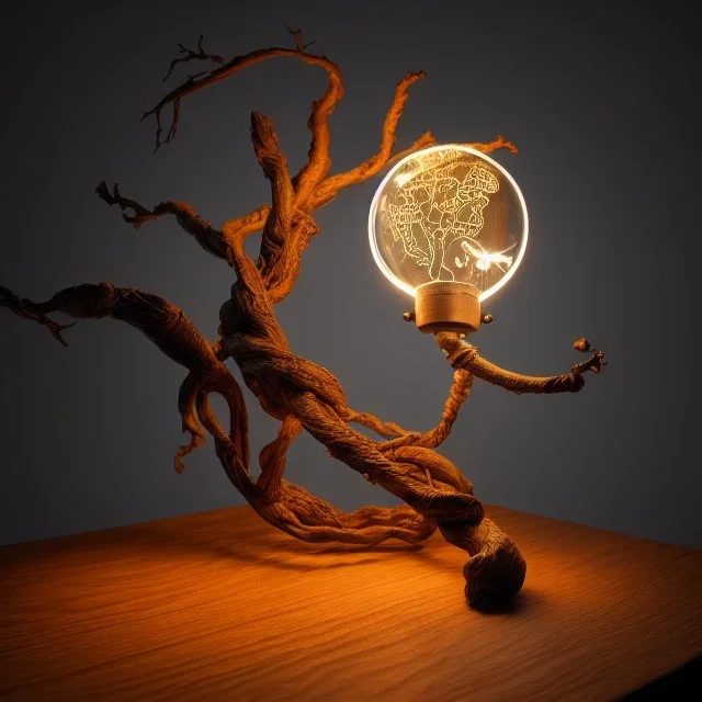 a gorgeous, stunning table lamp made of twisted, gnarled wood with illuminated globe of light hanging off one branch, biosphere, lamp cord, 8k resolution, high-quality, fine-detail, photorealistic, intricate, digital art, detailed matte, volumetric lighting, illustration, 3D octane render, brian froud, howard lyon, George Grie, Ben Goossens