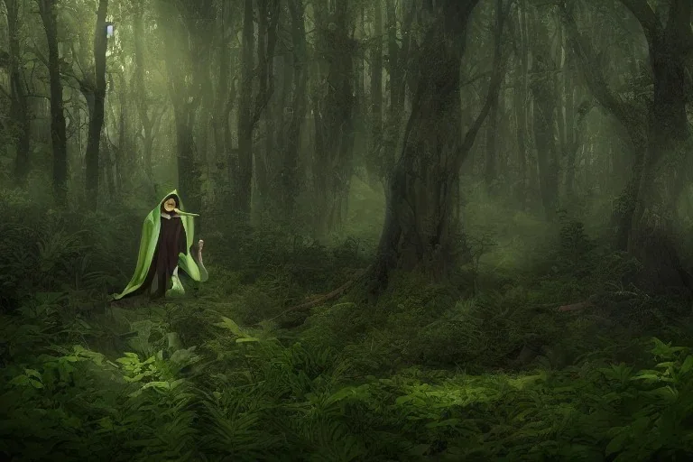 green robed elf in forest, highly detailed, 8k, atmospheric lighting, trending on artstation