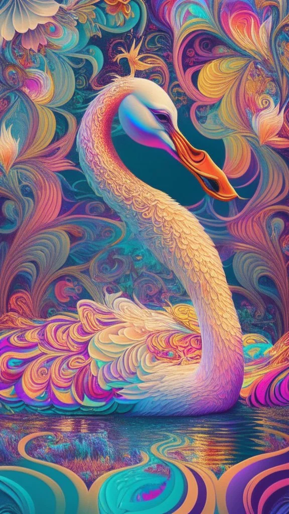 a psychedelic swan in a colorful wonderland