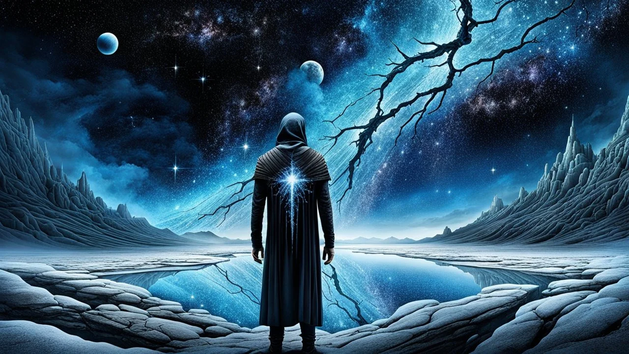Melancholy, a solitary wanderer looking into the frozen cosmos, a vast galaxy growing from a crack in their chest while stars slowly escape into the darkness, surreal emotional symbolism, deep longing for something forever unreachable, blue-black color palette, ethereal light, breathtaking cosmic scenery, melancholic dream, masterpiece, highly detailed