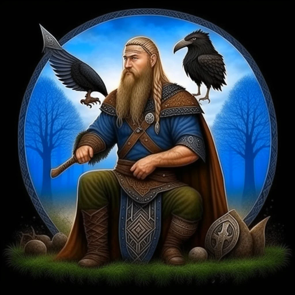 European pagan art with nature and runes and ravens and swedish flag and realistic viking warrior with an axe