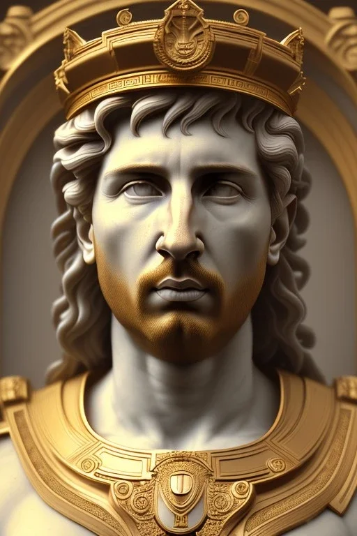 Ultra Realistic image, classical renaissance sculpture, white marble material, Lionel Messi, Laurel leaves crown, chisel style, waist up portrait, epic, celestial, gold, cinematic lighting, God light, god rays, 4k resolution, smooth details, ornate details, soft lighting, unreal engine 5, marble background.