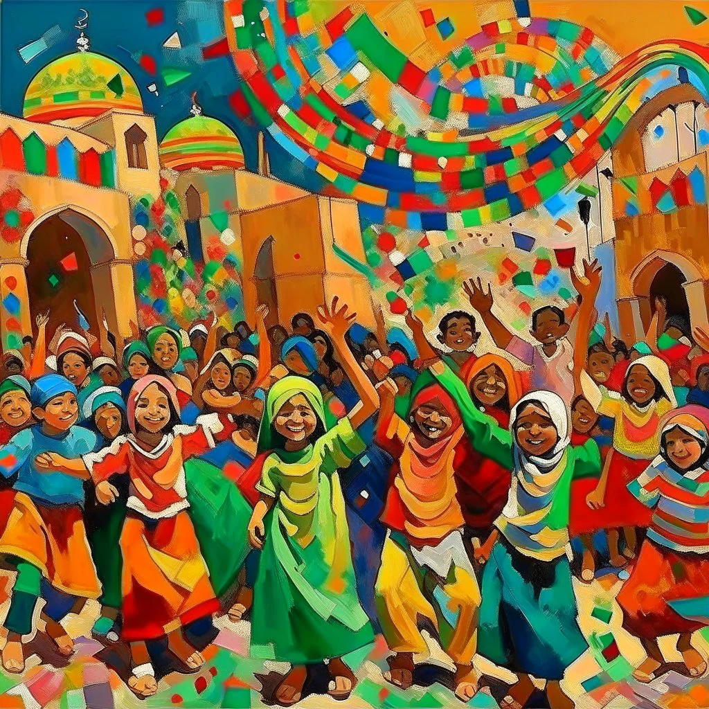 Abstract painting Libyan children celebrating end of ramadan