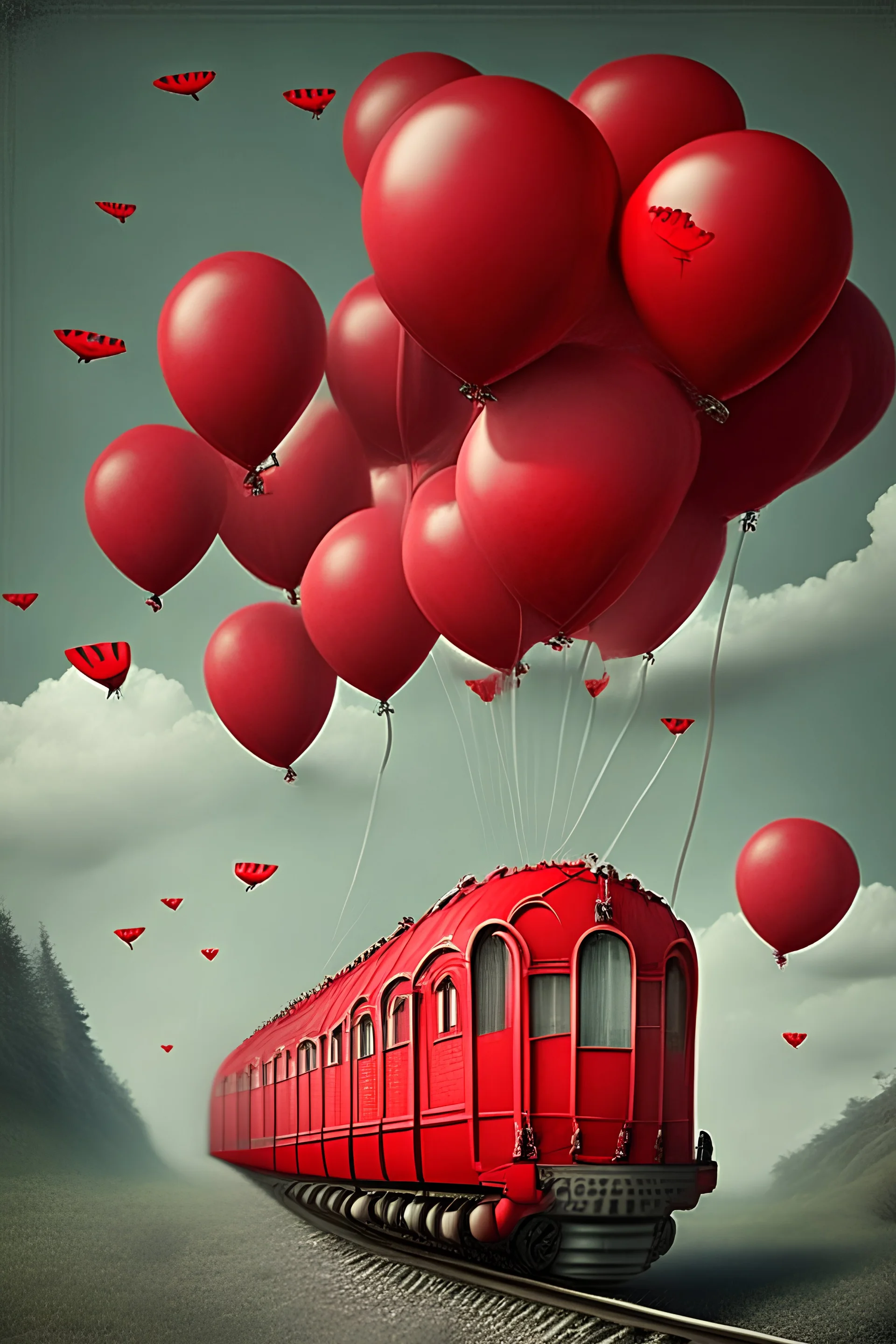 red train fly by balloons