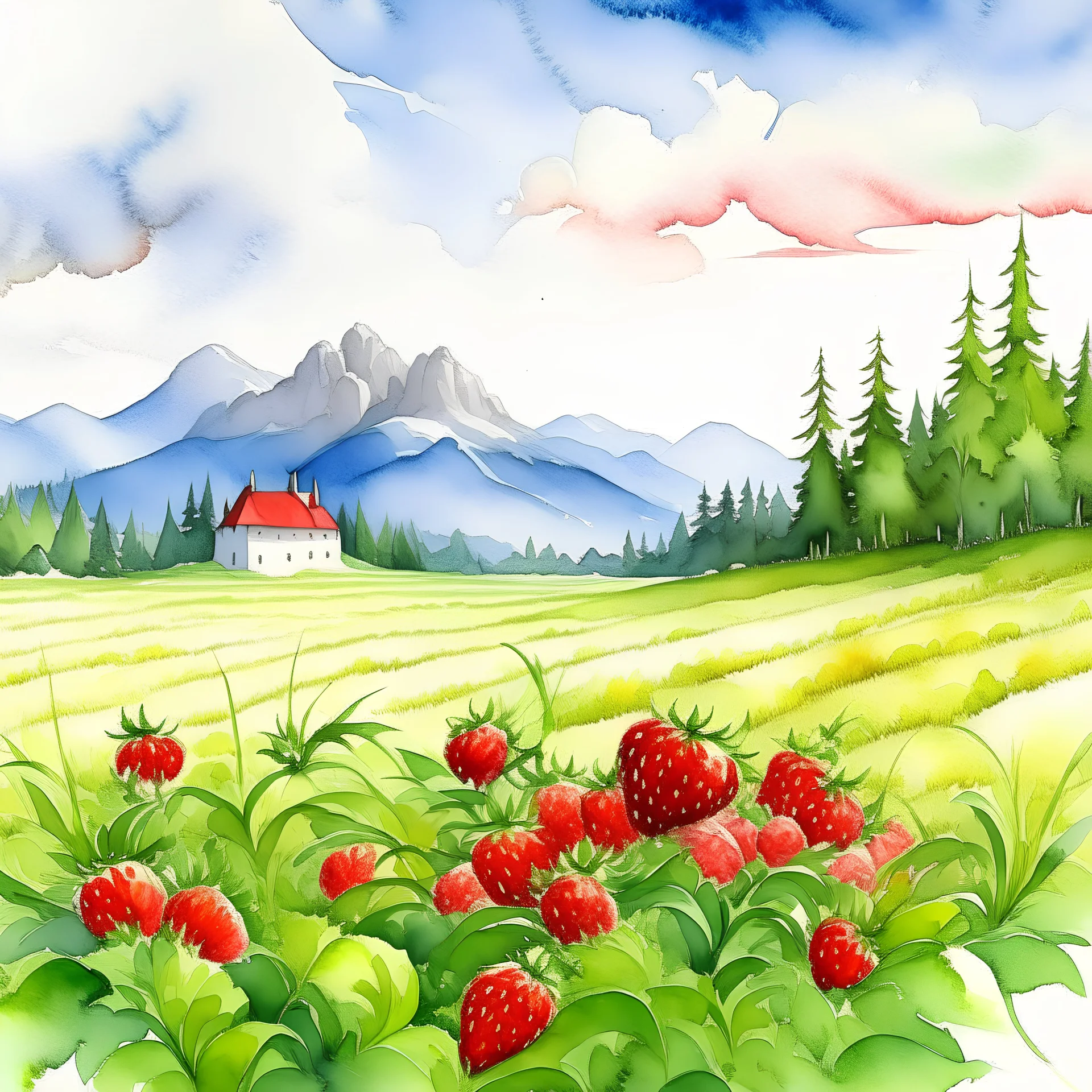 Watercolor painting of a meadow with small strawberries, mountains in the background and a white castle