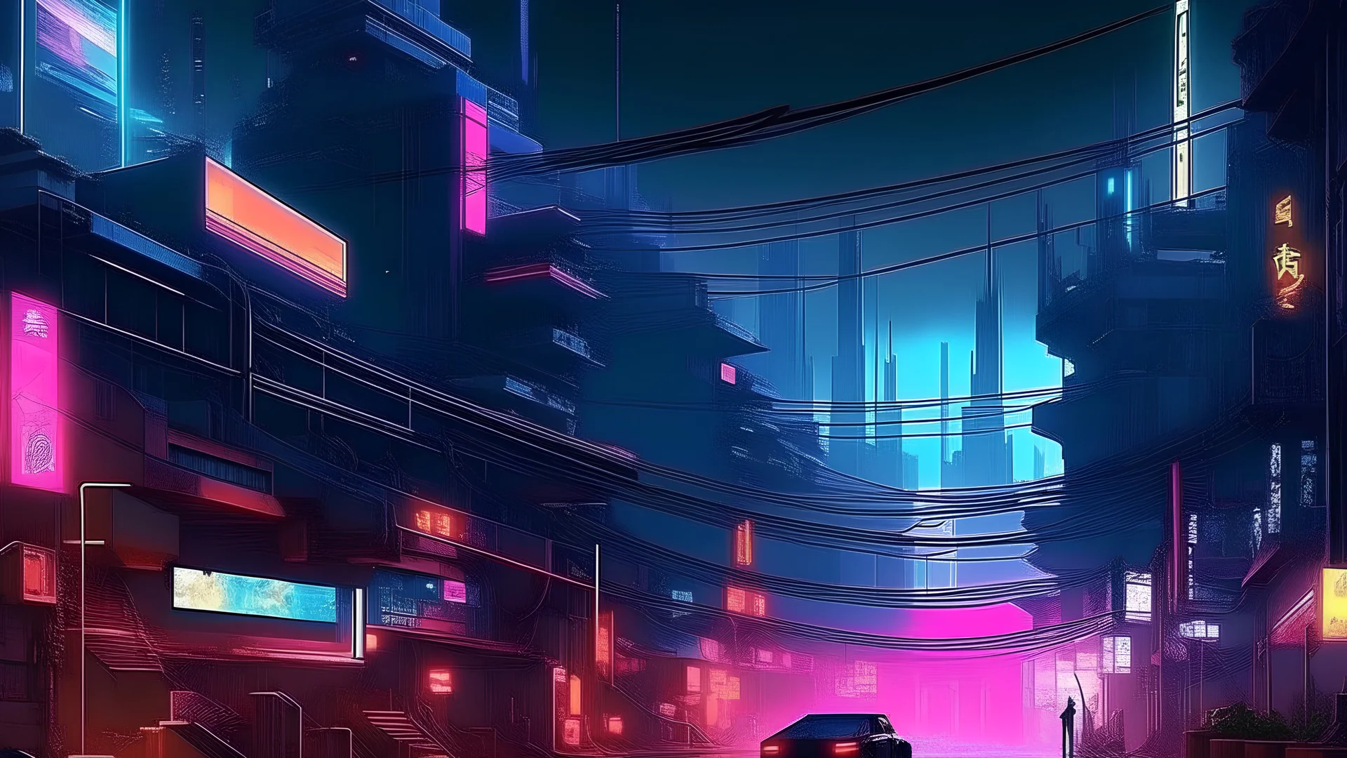 Dystopian cyberpunk city at night with neon lights, fantasy, digital art
