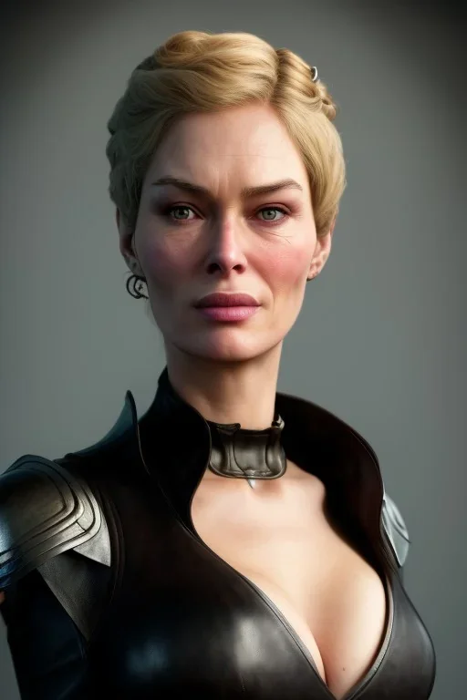 Cersei Lannister as evil woman in black leather, busty, cleavage, curvy, lena headay, angry, stern look. character design by cory loftis, fenghua zhong, ryohei hase, ismail inceoglu and ruan jia. unreal engine 5, artistic lighting, highly detailed, photorealistic, fantasy