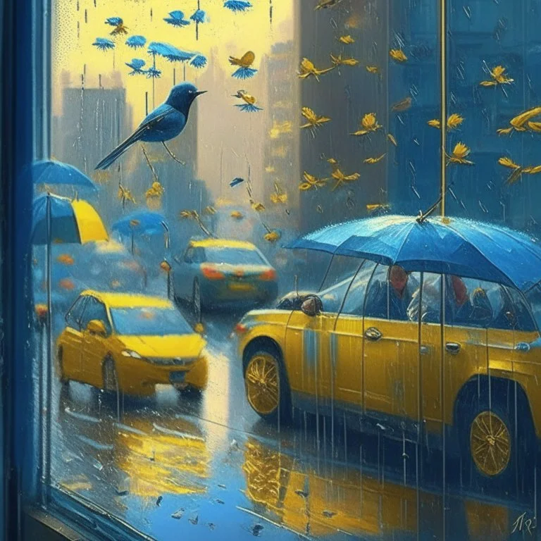 morning, window, umbrellas, people, rain, little birds, blue, flowers in the road, city, traffic, cars, sunlight, gold