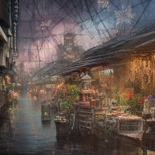 Insanely detailed photograph of an “artitcture plans of a city market along waterway” with intricate gears, intricate embroidered band, hyperdetailed painting by Ismail Inceoglu Huang Guangjian and Dan Witz CGSociety ZBrush Central fantasy art album cover art,8K, hdr, romantic, mysterious, ominous, flowers, jewelry, steam,oil,cafe