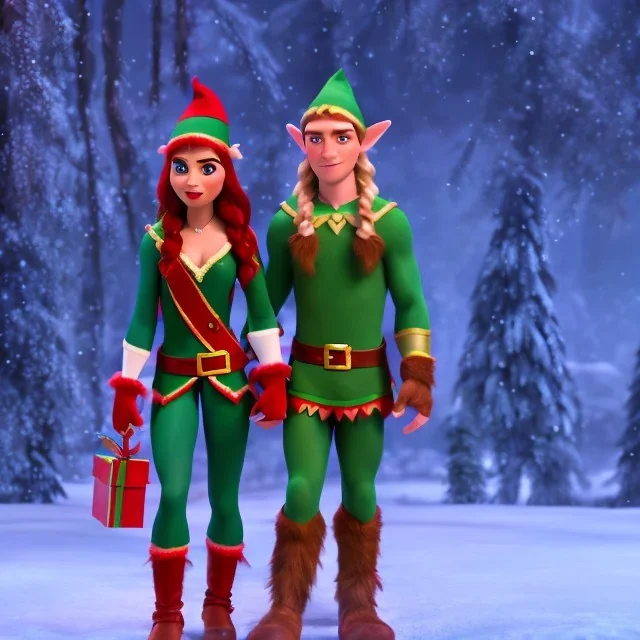 two elves. woman and man. Christmas scene. poster. marvel comic. low-key