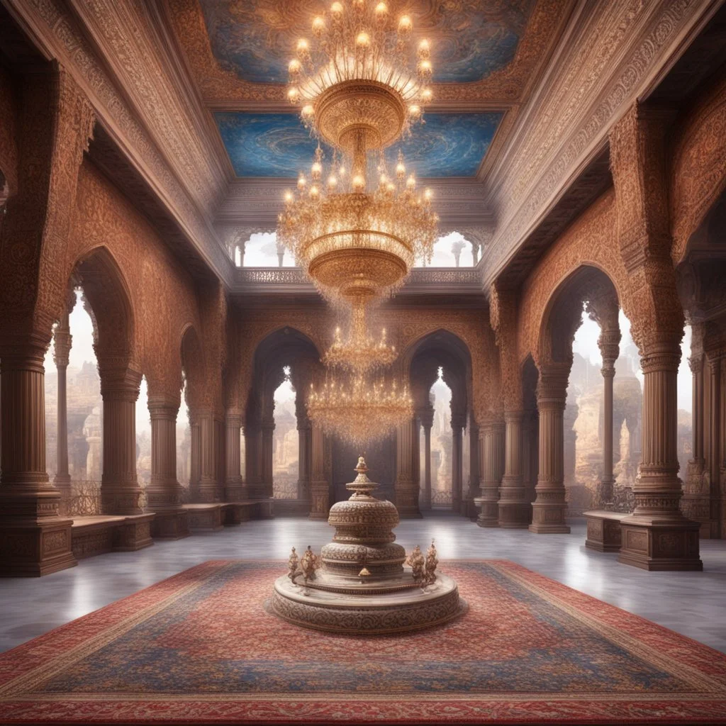 Hyper realistic detailed inside historical indian castle with chandeliers & ceiling paintings & glass work on pillars with beautiful carpet & water fountain