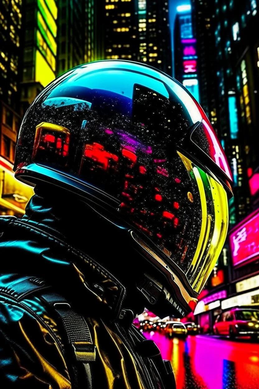 The helmet of a boba fet, in the reflection of which you can see a bat that is close to him and is about to hit and the bright colors of a busy city::3 chromatic::1.8 comicbook::2.4 dark matter::1.4 dna::1.5 dripping paint::1.5 ultra wide angle lens::2.4 cymk::1.3 gray::3.4 grayscale color::1.9 indigo::1.6 matte black color::2.1 neon blue color::2 neon orange color::2.2 rgb::3.2 --quality 1