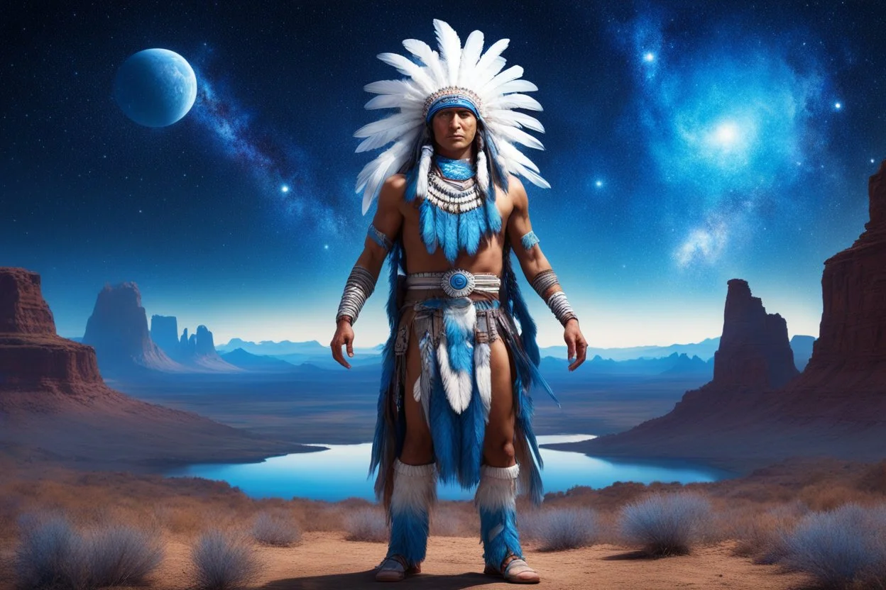 indiano d'america con gli occhi blu, il suo costume è azzuro blu con piume blu e bianche, ma anche un po' cosmico-futurista. La figura è intera e lui è in piedi, Il paesaggio è di natura Nativa con una notte stellata, un cielo luminoso pieno di galassie brillanti