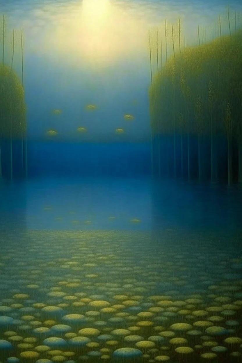 A grayish blue underwater kingdom painted by Georges Seurat