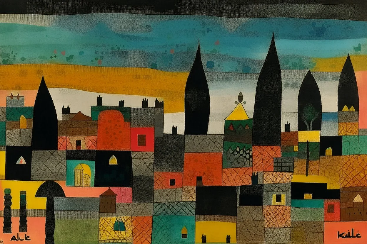 A black village in a shadow realm designed in Moroccan rug art painted by Paul Klee